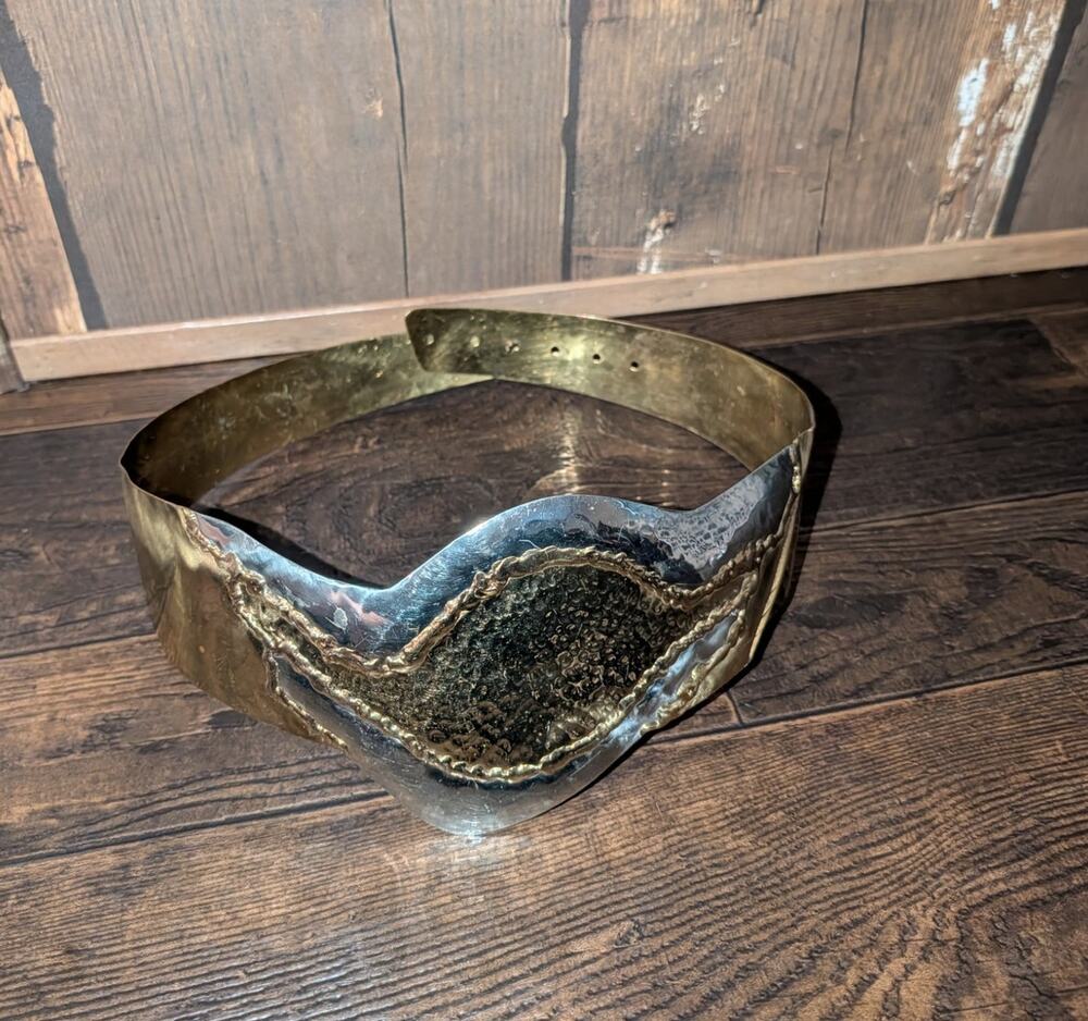 Vtg Brutalist Mixed Metal Statement  Hammered Brass & Silver Waist Belt